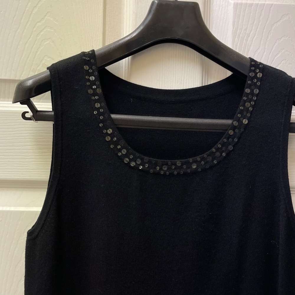 Womens Black Sequin Collared Sleeveless Knit Sweater Top Perfect Shell Layer (M)